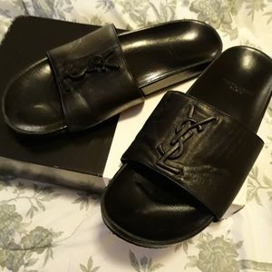 YSL black leather slides